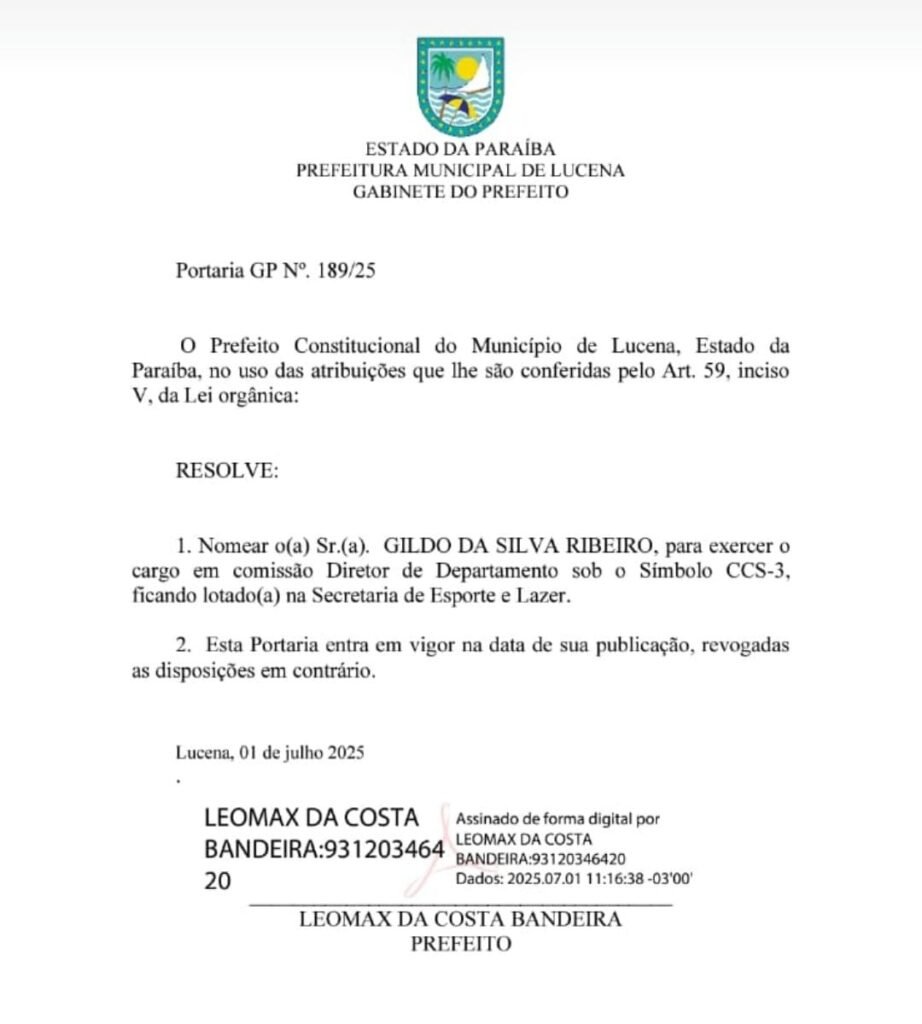 Gildo Ribeiro é Nomeado Para Comandar A Diretoria De Esportes Da Prefeitura Municipal De Lucena